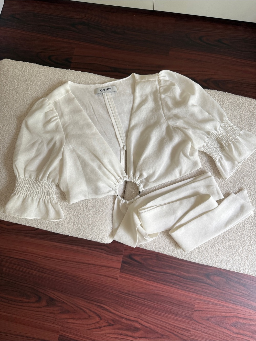 DO+BE Cream Ring-Front Tie Blouse with Puff Sleeves